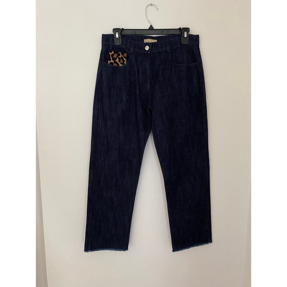 $695 Michael Kors Collection Calf Hair Straight Jean Dark Wash Animal Print EUC - Picture 6 of 14